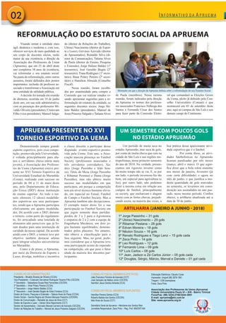 02
CONSELHO DE ADMINISTRAÇÃO
Presidente – Mivaldo Álvares de Oliveira (CCSA)
Vice-Presidente – Cristovam Dervalmar Rodrigues Teixeira Filho (CECEN)
1º Secretário - Sebastiana Sousa Reis Fernandes (CECEN)
2º Secretário – Ilmar Polary Pereira (CCSA)
1º Tesoureiro – Jorge Heleno Baldez (CCA)
2º Tesoureiro – José Geraldo Bogéa de Góes Fonseca (CCA)
Diretor de Ensino, Pesquisa e Extensão – Tatiana Alves de Paula (CCSA)
Diretor Social – Sandra Regina de Oliveira Marques Passinho (CESSIN)
Diretor de Comunicação – Reinaldo de Jesus da Silva (CCT)
Diretor de Esporte e Lazer – Ubiraci Silva Nascimento (CCT)
Deretor de Aposentados – Gervasio Manoel Carneiro de Azevedo (CECEN)
Diretor de Relações do Trabalho – Manoel de Jesus Prazeres Salgado (CECEN)
CONSELHO FISCAL (MEMBROS EFETIVOS)
João Francisco Ferreira de Azevedo (CCT)
José Sampaio de Mattos Júnior (CECEN)
Hamilton Jesus Santos Almeida (CCA)
CONSELHO FISCAL (MEMBROS SUPLENTES)
Hamilton Pereira Santos (CCA)
Roberto Batista dos Santos (CECEN)
Iêdo Alves de Souza (CCT)
Secretária Geral da Apruema – Meirylene dos Santos Reis
Jornalista Responsável: Zeca Pinto – Reg. Prof. 695/DRT-MA
Editoração Eletrônica: Cláudio Costa
Impressão: Unigraf (98) 3878-1961
Tiragem: 1.000 exemplares
Fotos: Zeca Pinto
Associação dos Professores da Uema (Apruema)
Cidade Universitária Paulo VI – S/N - Bairro Tirirical
Fone/Fax: (98) 3224-2740/3244-3951
E-mail: apruema@elo.com.br
Site: www.apruema.org.br
Demonstrando sempre grande
espírito esportivo, pois essa compe-
tição, promovida pela Universidade,
é voltada principalmente para alu-
nos e servidores (faixa etária mais
jovem), a Associação dos Professo-
res da Uema (Apruema) esteve pre-
sente no XVI Torneio Esportivo da
Universidade Estadual do Maranhão
(Uema), realizado com sucesso no
período de 04 a 11 de maio deste
ano, pelo Departamento de Educa-
ção Física (DEF) dessa instituição
de ensino superior. Ao todo o tor-
neio ofereceu 12 (doze) modalida-
des esportivas aos seus participan-
tes, sendo que a Apruema participou
efetivamente em quatro modalida-
des. De acordo com o DEF, durante
o torneio, como parte do regulamen-
to, foi arrecadado uma tonelada de
alimentos não perecíveis que já fo-
ram doados para uma instituição de
caridade da nossa capital. De acordo
ainda com o DEF, o torneio teve por
objetivo também destacar atletas
para integrar seleções universitárias
no Maranhão.
Como é de praxe, a Apruema,
por meio da Diretoria de Esporte e
Lazer, divulga, mobiliza e incentiva
a classe docente a participar desse
disputado evento esportivo promo-
vido pela Uema. Este ano, a Asso-
ciação marcou presença no Futebol
Society (professores associados e
três servidores convidados), Xa-
drez (Jorge Passinho e Iêdo Sou-
za), Tênis de Mesa (Jorge Passinho
e Ribamar Pestana) e Dama (Jorge
Passinho), mas não obteve muito
sucesso nas modalidades em que
participou, até porque a competição
tem um nível técnico bastante eleva-
do, em especial no Futsal, Futebol
de Campo e Futebol Society. Mas a
Apruema também não decepcionou.
O exemplo maior disso foi a sua
participação no Futebol Society em
que jogou somente duas partidas:
perdeu de 3 a 2 para a Agronomia
e empatou de 2 a 2 com a equipe de
Engenharia Mecânica, em dois jo-
gos bastante equilibrados, demons-
trados pelos placares. No entanto,
não obteve a classiﬁcação para a
fase seguinte. Mas, no geral, pode-
mos considerar que a Apruema teve
uma participação acima do esperado
na competição, em que pese o fator
idade da maioria dos docentes par-
ticipantes.
Um período de muita seca no
estádio Apruemão, mas seca de gols,
por conta de muita chuva que caiu na
cidade de São Luís e nas regiões me-
tropolitanas, nesse primeiro semestre
do ano de 2018. Na verdade, presen-
ciamos um rigoroso inverno como
há muito tempo não se via. E, se por
um lado, o período invernoso faz tão
bem, em especial para agricultura (e
faz), por outro lado, não podemos
dizer a mesma coisa em relação aos
campos de futebol, principalmente
os society, que encharcam e alagam
muito com as fortes chuvas, prejudi-
cando assim, na maioria das vezes, a
boa prática dessa apaixonante ativi-
dade esportiva que é o futebol.
Por conta disso, as ativi-
dades futebolísticas no Apruemão
ﬁcaram paralisadas por três meses
(março, abril e maio). O que signi-
ﬁca dizer que a bola rolou somente
nos meses de janeiro, fevereiro (já
com certa diﬁculdade) e agora no
mês de junho, o que justiﬁca a mo-
desta quantidade de gols marcados
no semestre, se levarmos em consi-
deração aos assinalados no ano pas-
sado, nesse mesmo período. Conﬁra
abaixo, a artilharia atualizada até a
data de 30 de junho.
Visando tornar a entidade mais
ágil, dinâmica e moderna e, com isso,
oferecer serviços de mais qualidade ao
seu corpo de docentes sócios, razão
maior da sua existência, a direção da
Associação dos Professores da Uema
(Apruema), que em 25 de abril deste
ano completou 38 anos de existência,
vai reformular o seu estatuto social.
Na pauta da reformulação, entre outros
assuntos, foram deﬁnidos dois pontos
importantes: inclusão do professor as-
sociado e transformar aAssociação em
uma entidade de utilidade pública.
Adecisão foi tomada em reunião
de diretoria, ocorrida em 14 de junho
deste ano, em sua sede administrativa,
com as presenças dos professores Mi-
valdo Oliveira (presidente), Cristovam
Filho (vice-presidente), Manoel Salga-
do (diretor de Relações do Trabalho),
Ubiraci Nascimento (diretor de Espor-
te e Lazer), Gervásio Azevedo (diretor
de Aposentados), Reinaldo Silva (di-
retor de Comunicação), Tatiana Alves
de Paula (diretor de Ensino, Pesquisa
e Extensão), Jorge Heleno Baldez (1º
tesoureiro), José Geraldo Bogéa (2º
tesoureiro), Tiana Rodrigues (1º secre-
tário), Ilmar Polary Pereira (2º secre-
tário) e Hamilton Almeida (Conselho
Fiscal).
Nessa reunião, foram escolhi-
dos por unanimidade para compor a
Comissão que vai realizar estudos vi-
sando apresentar sugestões para a re-
formulação do estatuto da entidade, os
seguintes docentes sócios: Jorge He-
leno Baldez (presidente), Manoel de
Jesus Praseres Salgado e TatianaAlves
de Paula (membros). Nessa mesma
reunião, foram indicados pela direção
da Apruema os nomes dos professo-
res associados Francisco Nóbrega dos
Santos e Fernando César dos Santos
para fazer parte da Comissão Eleito-
ral que comandará as Eleições Gerais
da Uema, pleito já deﬁnido pelo Con-
selho Universitário (Consun) e que
acontecerá em 03 de setembro deste
ano, aqui no campus de São Luís e nos
demais campi do Continente.
UM SEMESTRE COM POUCOS GOLS
NO ESTÁDIO APRUEMÃO
REFORMULAÇÃO DO ESTATUTO SOCIAL DA APRUEMA
1º Jorge Passinho – 31 gols
2º Ubiraci Nascimento – 29 gols
3º Ribamar Pestana – 28 gols
4º Edvan Moreira – 18 gols
5º Nêuton Souza – 16 gols
6º Renato Rodrigues e Tiago Lenz – 15 gols cada
7º Zeca Pinto – 14 gols
8º Leo Rodrigues – 12 gols
9º Fernando Lima – 09 gols
10º Luís Carlos – 08 gols
11º Jean, Jadson e Zé Carlos Júnior – 05 gols cada
12º Douglas, Sérgio, Márcio, Merval e Daniele – 01 gol cada
ARTILHARIA (JANEIRO A JUNHO - 2018)
APRUEMA PRESENTE NO XVI
TORNEIO ESPORTIVO DA UEMA
Momento em que a direção da Apruema deﬁnia sobre a reformulação do seu Estatuto Social
 