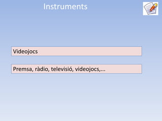 Instruments



Videojocs

Premsa, ràdio, televisió, videojocs,...
 