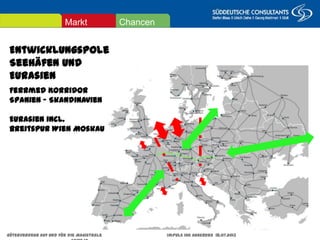Augsburg/Dornbirn
25. November 2011
Entwicklungspole
Seehäfen und Eurasien
Ferrmed Korridor
Spanien – Skandinavien
Eurasien incl.
Breitspur Wien Moskau
ChancenMarkt
Güterverkehr auf und für die Magistrale Impuls IHK Augsburg 18.07.2013 Seite 10
 
