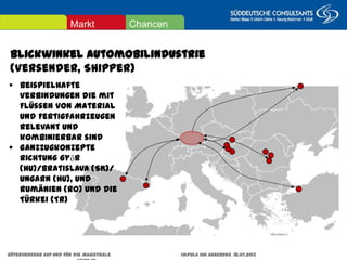 Blickwinkel Automobilindustrie
(Versender, Shipper)
 Beispielhafte Verbindungen die
mit Flüssen von Material und
Fertigfahrzeugen relevant und
kombinierbar sind
 Ganzzugkonzepte Richtung
Győr (HU)/Bratislava (SK)/
Ungarn (HU), und Rumänien
(RO) und die Türkei (TR)
ChancenMarkt
Güterverkehr auf und für die Magistrale Impuls IHK Augsburg 18.07.2013 Seite 25
 