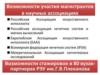 Возможности участия магистрантов
     в научных ассоциациях
  Российская    Ассоциация   искусственного
  интеллекта
  Российская ассоциация нечетких систем и
  мягких вычислений
  Европейская Ассоциация искусственного
  интеллекта (EAAI)
  Всемирная федерация нечетких систем (IFSA)
  Межрегиональная Ассоциация когнитивных
  исследований
Возможности стажировок в 80 вузах-
  партнерах РЭУ им.Г.В.Плеханова
 