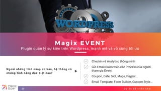 D ự á n đ ã t r i ể n k h a i20
M a g i x E V E N T
Plugin quản lý sự kiện trên Wordpress, mạnh mẽ và vô cùng tối ưu
Ngoài những tính năng cơ bản, hệ thống có
những tính năng đặc biệt nào?
Checkin và Analytisc thông minh
Gửi Email Rules theo các Process của người
tham gia Event
Coupon, Date, Slot, Maps, Paypal...
Email Template, Form Builder, Custom Style...
 