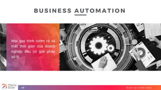 D ị c h v ụ t r i ể n k h a i08
B U S I N E S S A U T O M A T I O N
Mọi quy trình rườm rà và
mất thời gian của doanh
nghiệp đều có giải pháp
xử lý.
 
