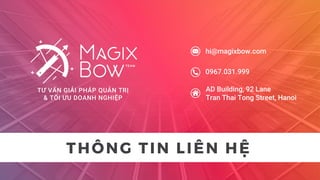 TƯ VẤN GIẢI PHÁP QUẢN TRỊ
& TỐI ƯU DOANH NGHIỆP
hi@magixbow.com
0967.031.999
AD Building, 92 Lane
Tran Thai Tong Street, H...