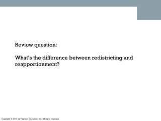 Copyright © 2015 by Pearson Education, Inc. All rights reserved.
Review question:
What’s the difference between redistricting and
reapportionment?
 
