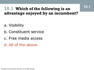 Copyright © 2015 by Pearson Education, Inc. All rights reserved.
10.1 Which of the following is an
advantage enjoyed by an incumbent?
10.1
a. Visibility
b. Constituent service
c. Free media access
d. All of the above
 