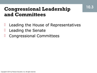 Copyright © 2015 by Pearson Education, Inc. All rights reserved.
Congressional Leadership
and Committees
10.3
 Leading the House of Representatives
 Leading the Senate
 Congressional Committees
 