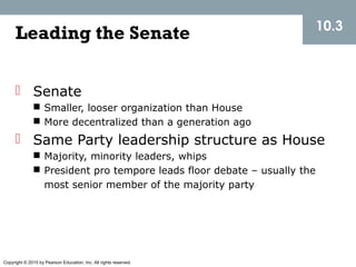 Copyright © 2015 by Pearson Education, Inc. All rights reserved.
Leading the Senate
 Senate
 Smaller, looser organization than House
 More decentralized than a generation ago
 Same Party leadership structure as House
 Majority, minority leaders, whips
 President pro tempore leads floor debate – usually the
most senior member of the majority party
10.3
 