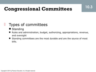 Copyright © 2015 by Pearson Education, Inc. All rights reserved.
Congressional Committees
 Types of committees
 Standing
 Rules and administration, budget, authorizing, appropriations, revenue,
and oversight
 Standing committees are the most durable and are the source of most
bills.
10.3
 