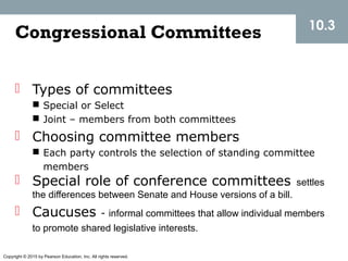 Copyright © 2015 by Pearson Education, Inc. All rights reserved.
Congressional Committees
 Types of committees
 Special or Select
 Joint – members from both committees
 Choosing committee members
 Each party controls the selection of standing committee
members
 Special role of conference committees settles
the differences between Senate and House versions of a bill.
 Caucuses - informal committees that allow individual members
to promote shared legislative interests.
10.3
 