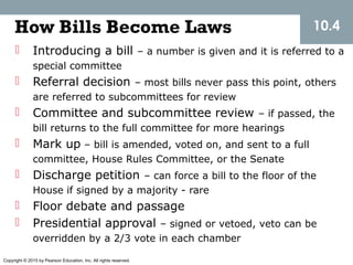 Copyright © 2015 by Pearson Education, Inc. All rights reserved.
How Bills Become Laws
 Introducing a bill – a number is given and it is referred to a
special committee
 Referral decision – most bills never pass this point, others
are referred to subcommittees for review
 Committee and subcommittee review – if passed, the
bill returns to the full committee for more hearings
 Mark up – bill is amended, voted on, and sent to a full
committee, House Rules Committee, or the Senate
 Discharge petition – can force a bill to the floor of the
House if signed by a majority - rare
 Floor debate and passage
 Presidential approval – signed or vetoed, veto can be
overridden by a 2/3 vote in each chamber
10.4
 
