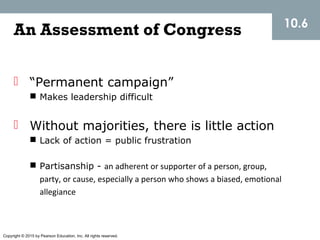 Copyright © 2015 by Pearson Education, Inc. All rights reserved.
An Assessment of Congress
 “Permanent campaign”
 Makes leadership difficult
 Without majorities, there is little action
 Lack of action = public frustration
 Partisanship - an adherent or supporter of a person, group,
party, or cause, especially a person who shows a biased, emotional
allegiance
10.6
 
