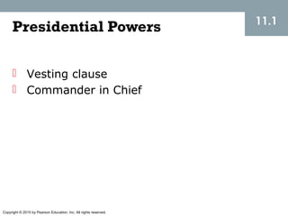 Copyright © 2015 by Pearson Education, Inc. All rights reserved.
Presidential Powers 11.1
 Vesting clause
 Commander in Chief
 