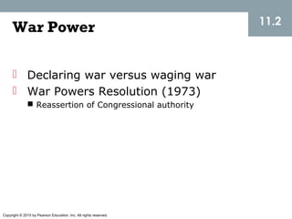 Copyright © 2015 by Pearson Education, Inc. All rights reserved.
11.2
War Power
 Declaring war versus waging war
 War Powers Resolution (1973)
 Reassertion of Congressional authority
 