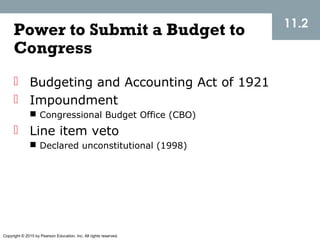 Copyright © 2015 by Pearson Education, Inc. All rights reserved.
11.2
Power to Submit a Budget to
Congress
 Budgeting and Accounting Act of 1921
 Impoundment
 Congressional Budget Office (CBO)
 Line item veto
 Declared unconstitutional (1998)
 