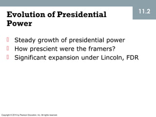 Copyright © 2015 by Pearson Education, Inc. All rights reserved.
11.2
Evolution of Presidential
Power
 Steady growth of presidential power
 How prescient were the framers?
 Significant expansion under Lincoln, FDR
 