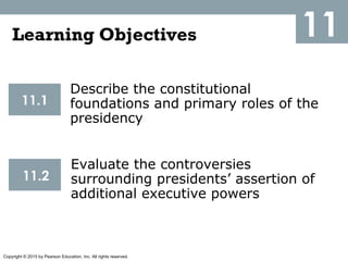 Copyright © 2015 by Pearson Education, Inc. All rights reserved.
11Learning Objectives
11.1
11.2
Describe the constitutional
foundations and primary roles of the
presidency
Evaluate the controversies
surrounding presidents’ assertion of
additional executive powers
 