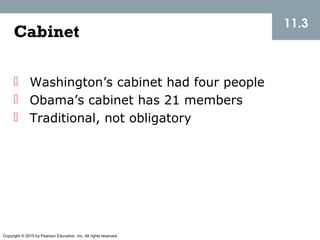 Copyright © 2015 by Pearson Education, Inc. All rights reserved.
11.3
Cabinet
 Washington’s cabinet had four people
 Obama’s cabinet has 21 members
 Traditional, not obligatory
 