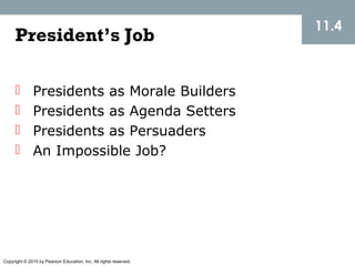 Copyright © 2015 by Pearson Education, Inc. All rights reserved.
11.4
President’s Job
 Presidents as Morale Builders
 Presidents as Agenda Setters
 Presidents as Persuaders
 An Impossible Job?
 