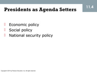 Copyright © 2015 by Pearson Education, Inc. All rights reserved.
11.4
Presidents as Agenda Setters
 Economic policy
 Social policy
 National security policy
 