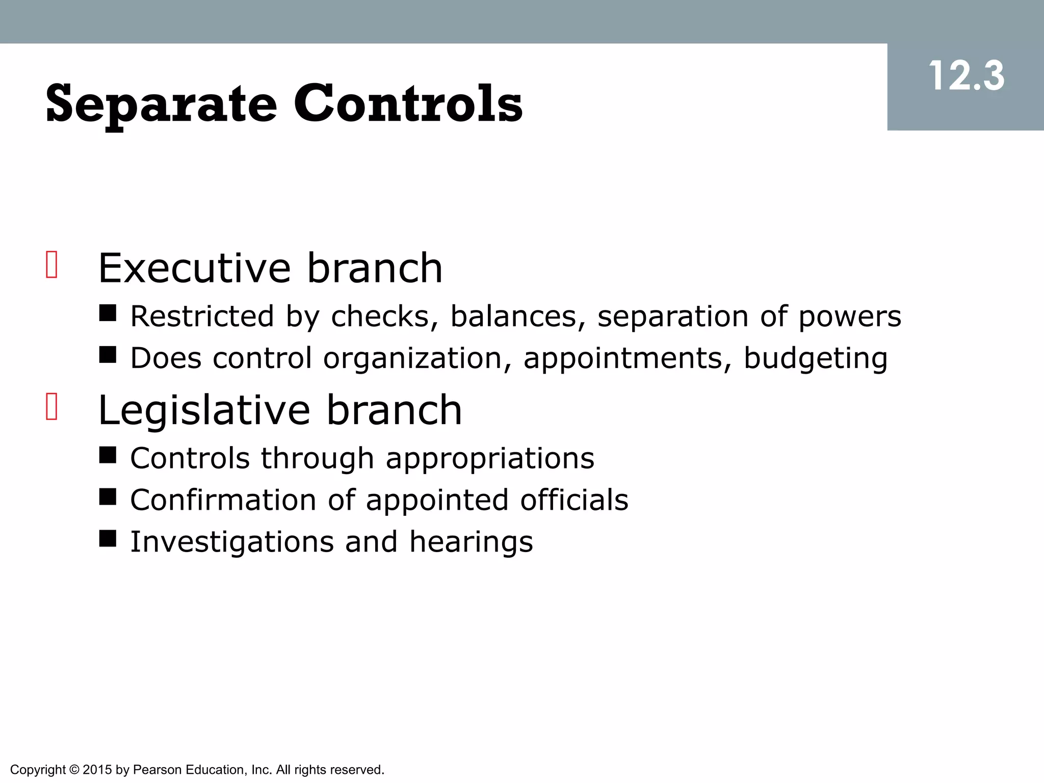 Copyright © 2015 by Pearson Education, Inc. All rights reserved.
Separate Controls
 Executive branch
 Restricted by checks, balances, separation of powers
 Does control organization, appointments, budgeting
 Legislative branch
 Controls through appropriations
 Confirmation of appointed officials
 Investigations and hearings
12.3
 