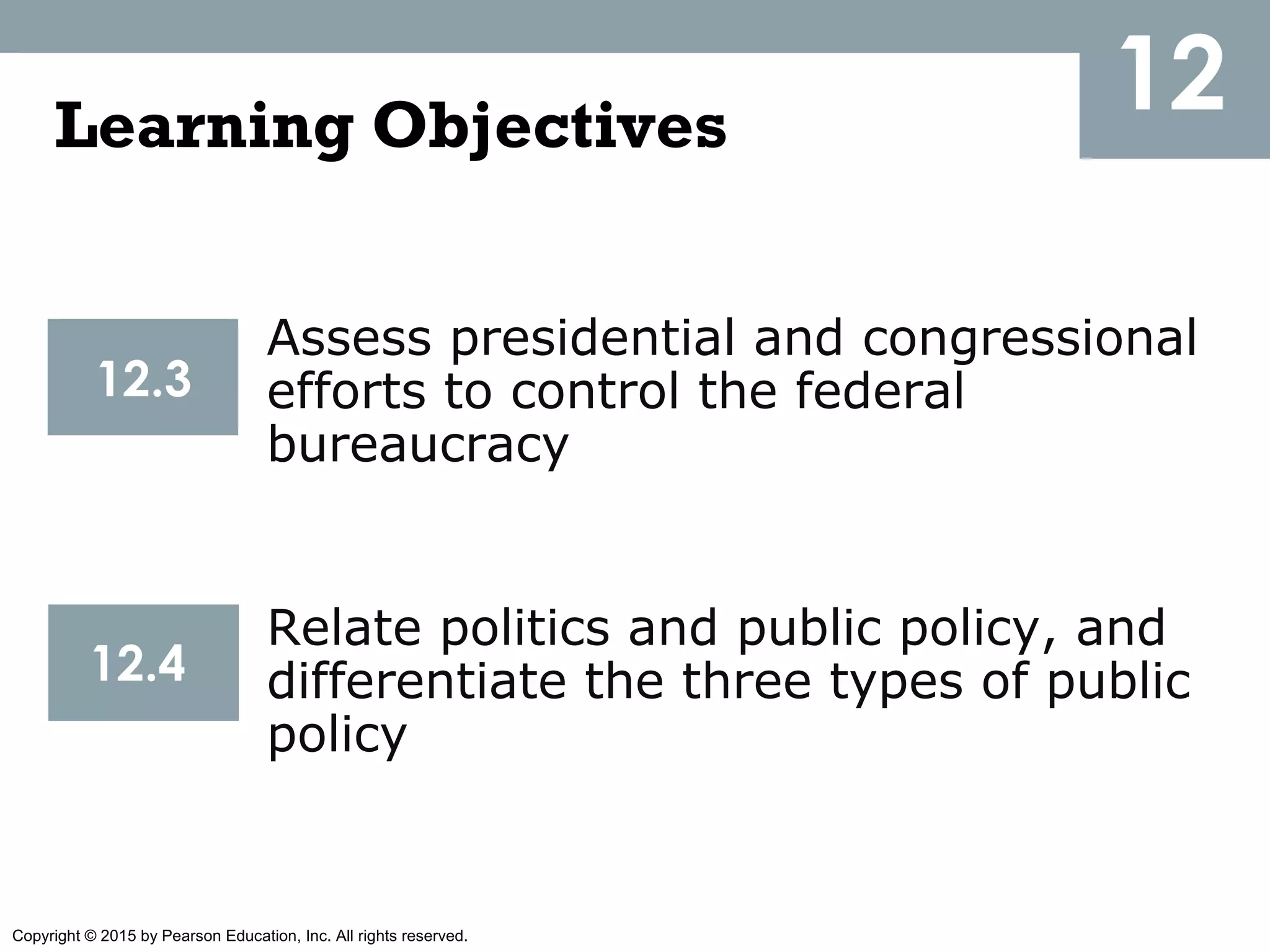 Copyright © 2015 by Pearson Education, Inc. All rights reserved.
12Learning Objectives
Assess presidential and congressional
efforts to control the federal
bureaucracy
12.3
Relate politics and public policy, and
differentiate the three types of public
policy
12.4
 