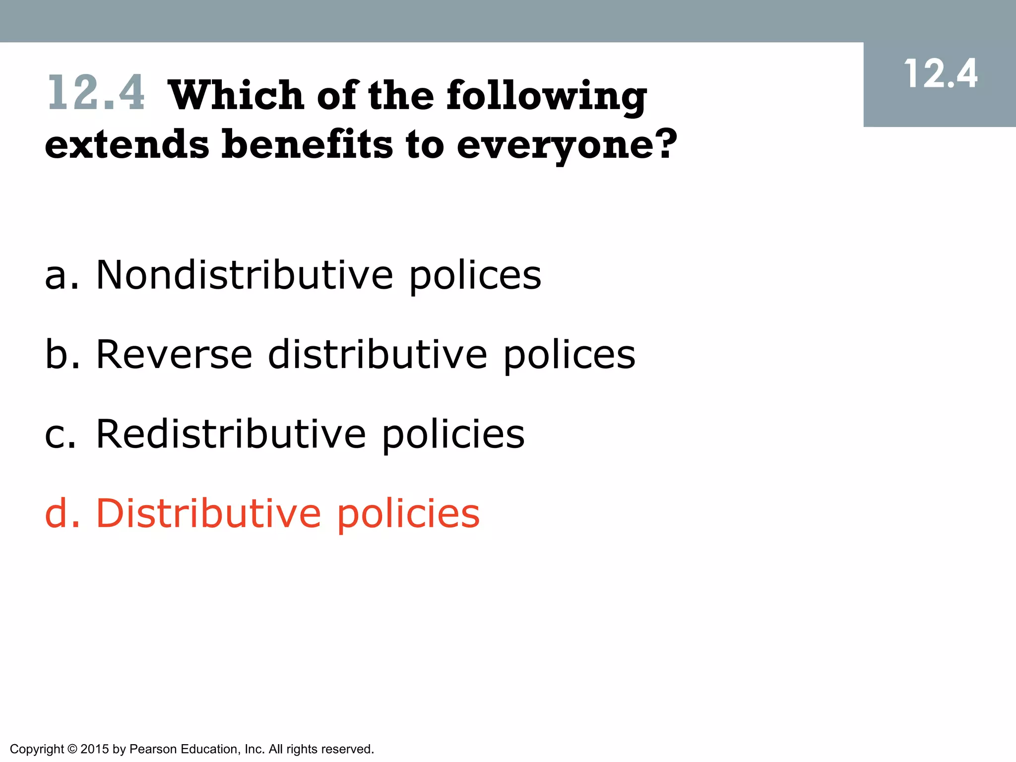 Copyright © 2015 by Pearson Education, Inc. All rights reserved.
12.4
12.4 Which of the following
extends benefits to everyone?
a. Nondistributive polices
b. Reverse distributive polices
c. Redistributive policies
d. Distributive policies
 