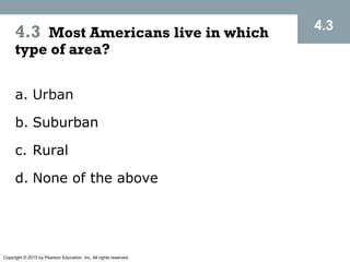Copyright © 2015 by Pearson Education, Inc. All rights reserved.
4.3 Most Americans live in which
type of area?
a. Urban
b. Suburban
c. Rural
d. None of the above
4.3
 