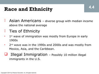 Copyright © 2015 by Pearson Education, Inc. All rights reserved.
Race and Ethnicity
 Asian Americans – diverse group with median income
above the national average
 Ties of Ethnicity
• 1st
wave of immigration was mostly from Europe in early
1900s
• 2nd
wave was in the 1990s and 2000s and was mostly from
Mexico, Asia, and the Caribbean.
 Illegal Immigration – Possibly 10 million illegal
immigrants in the U.S.
4.4
 