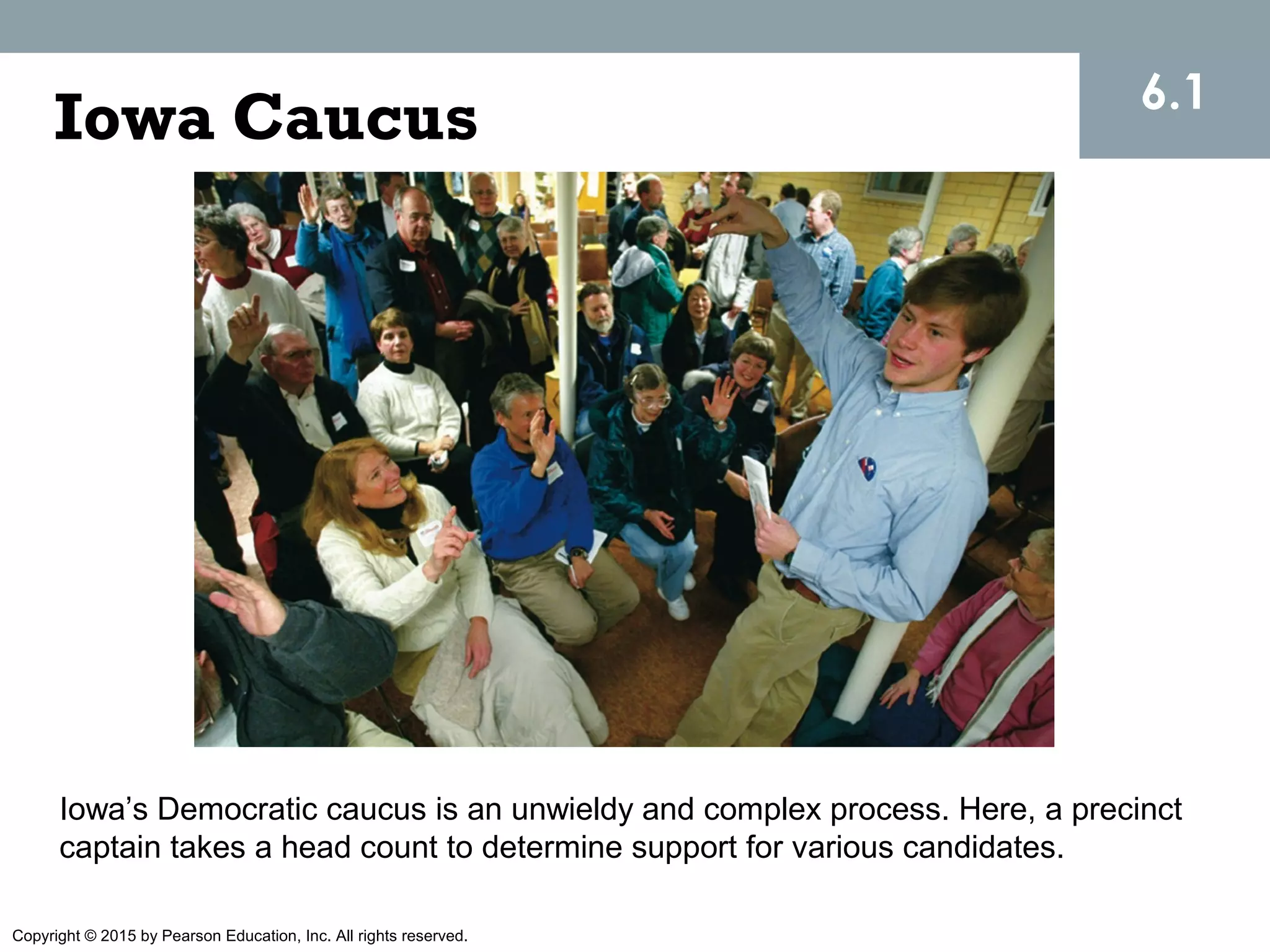 Copyright © 2015 by Pearson Education, Inc. All rights reserved.
Iowa Caucus 6.1
Iowa’s Democratic caucus is an unwieldy and complex process. Here, a precinct
captain takes a head count to determine support for various candidates.
 