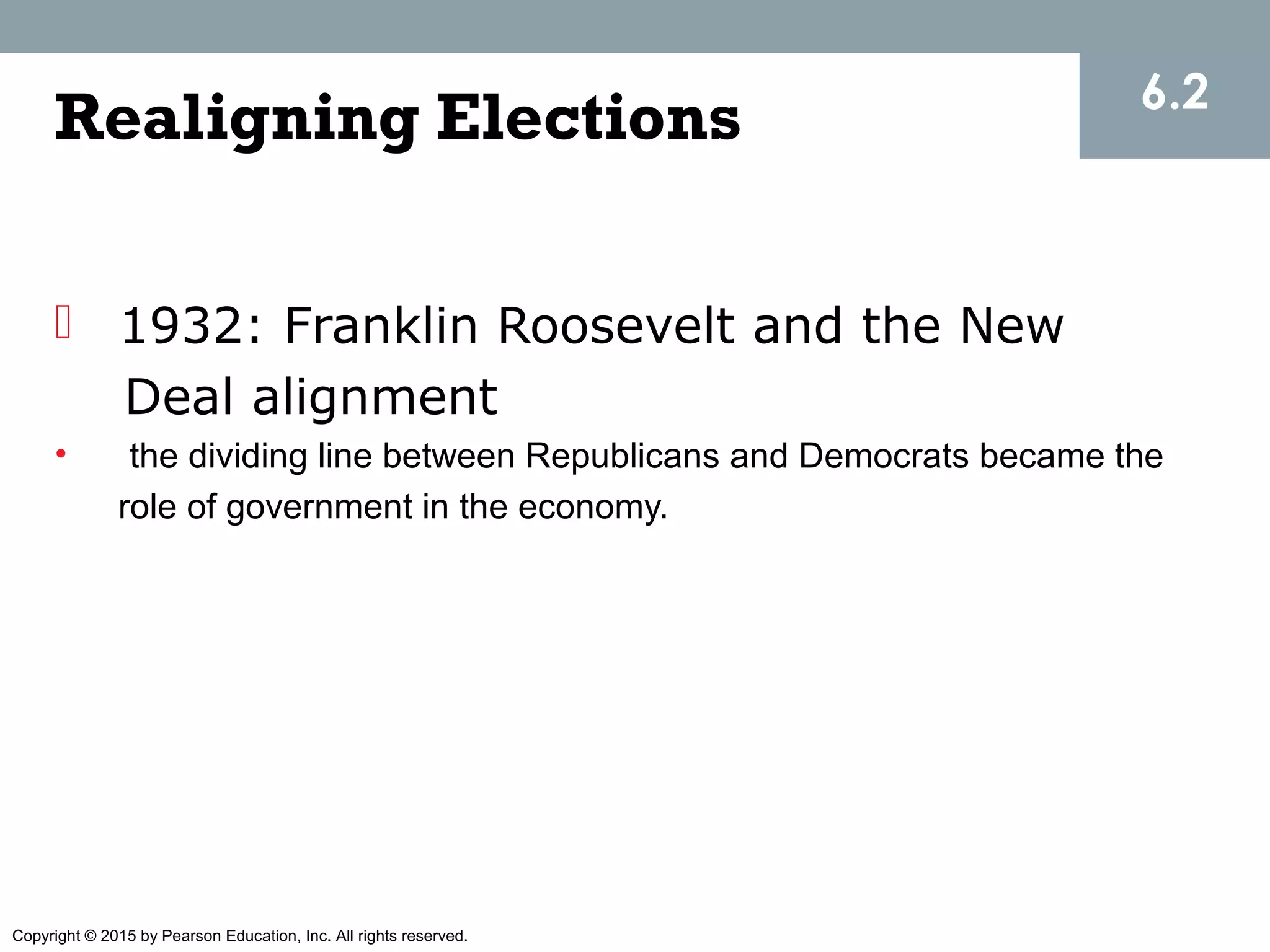 Copyright © 2015 by Pearson Education, Inc. All rights reserved.
Realigning Elections
 1932: Franklin Roosevelt and the New
Deal alignment
• the dividing line between Republicans and Democrats became the
role of government in the economy.
6.2
 