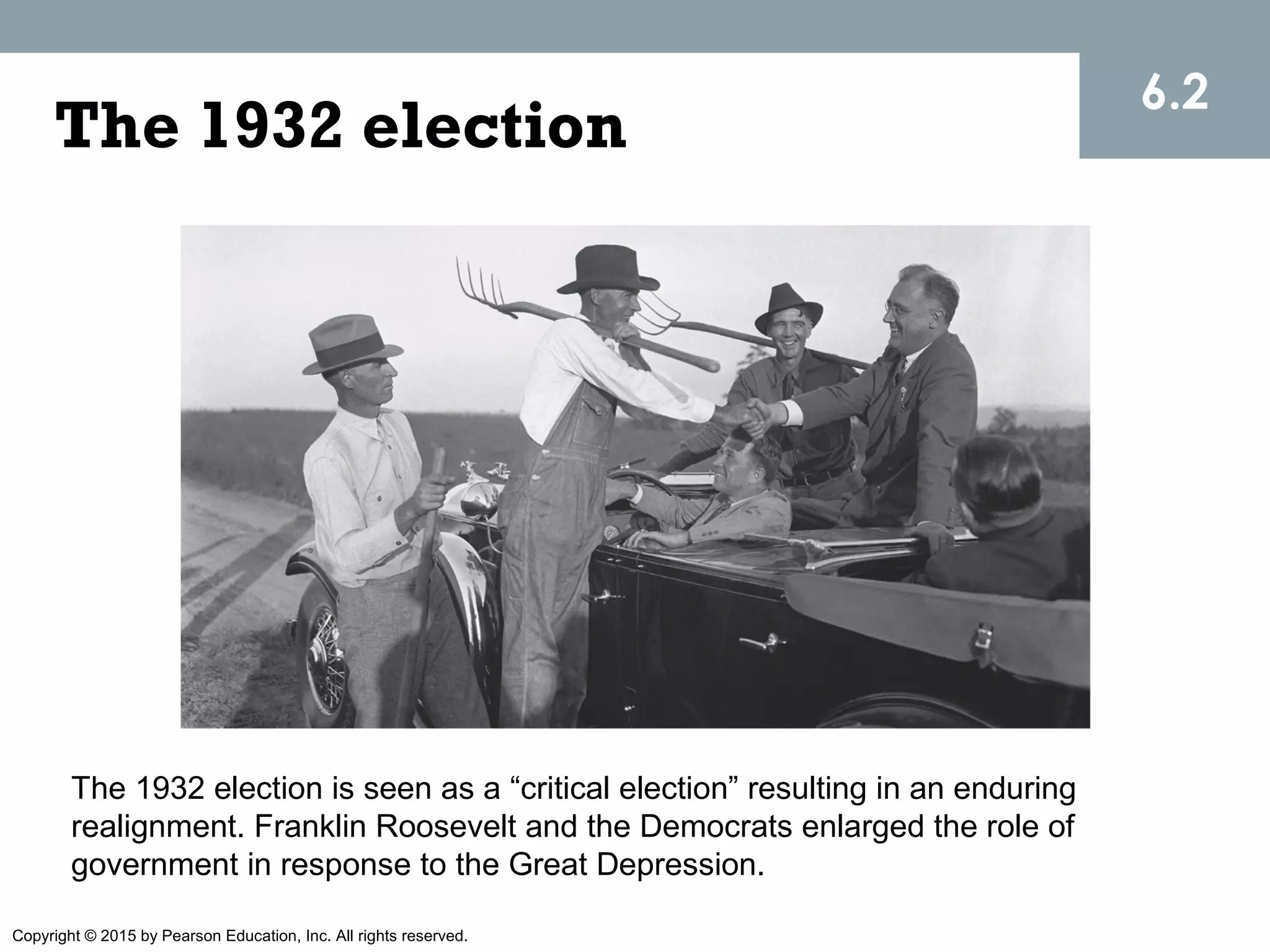 Copyright © 2015 by Pearson Education, Inc. All rights reserved.
The 1932 election is seen as a “critical election” resulting in an enduring
realignment. Franklin Roosevelt and the Democrats enlarged the role of
government in response to the Great Depression.
The 1932 election
6.2
 