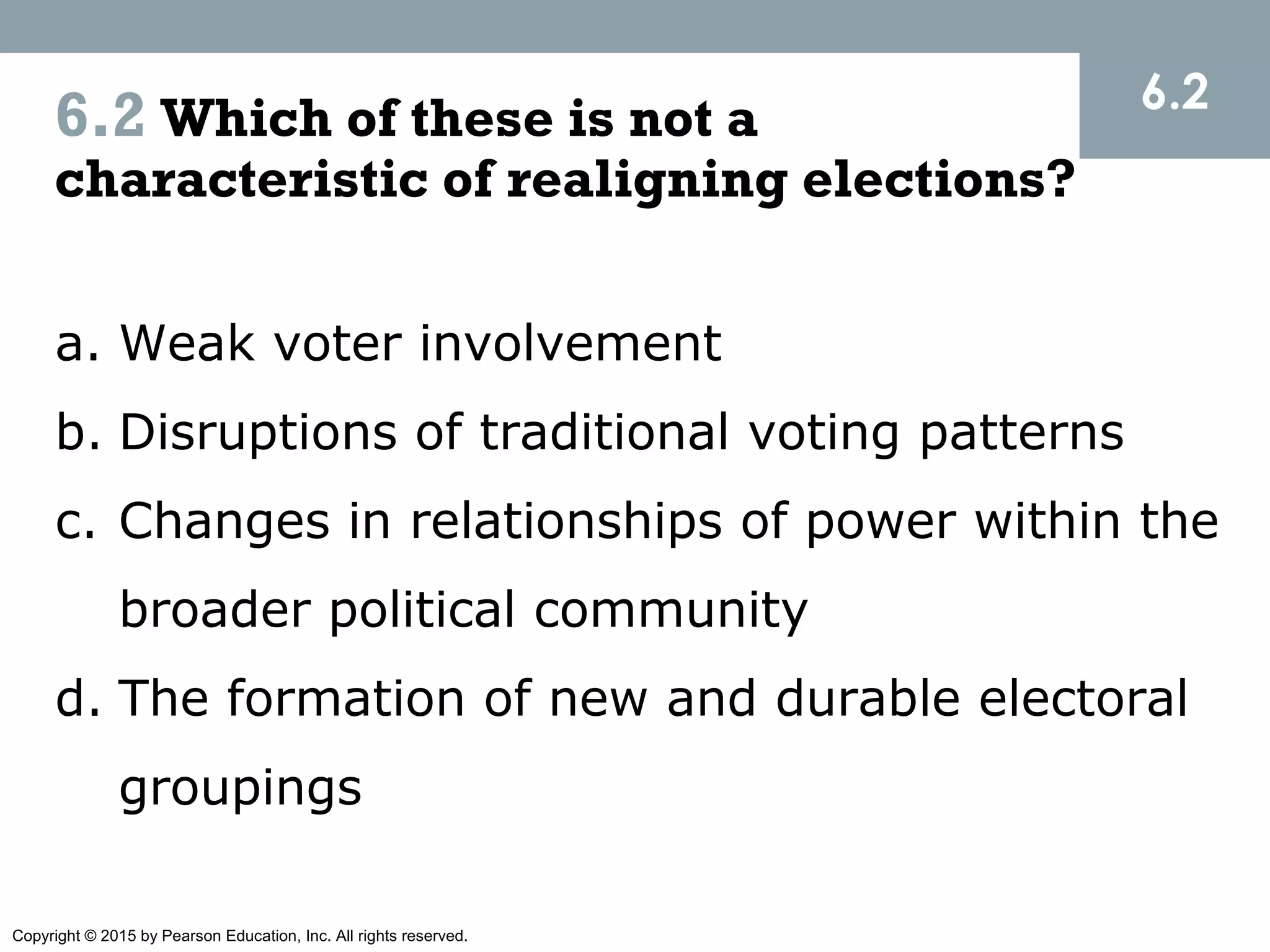 Copyright © 2015 by Pearson Education, Inc. All rights reserved.
6.2 Which of these is not a
characteristic of realigning elections?
a. Weak voter involvement
b. Disruptions of traditional voting patterns
c. Changes in relationships of power within the
broader political community
d. The formation of new and durable electoral
groupings
6.2
 