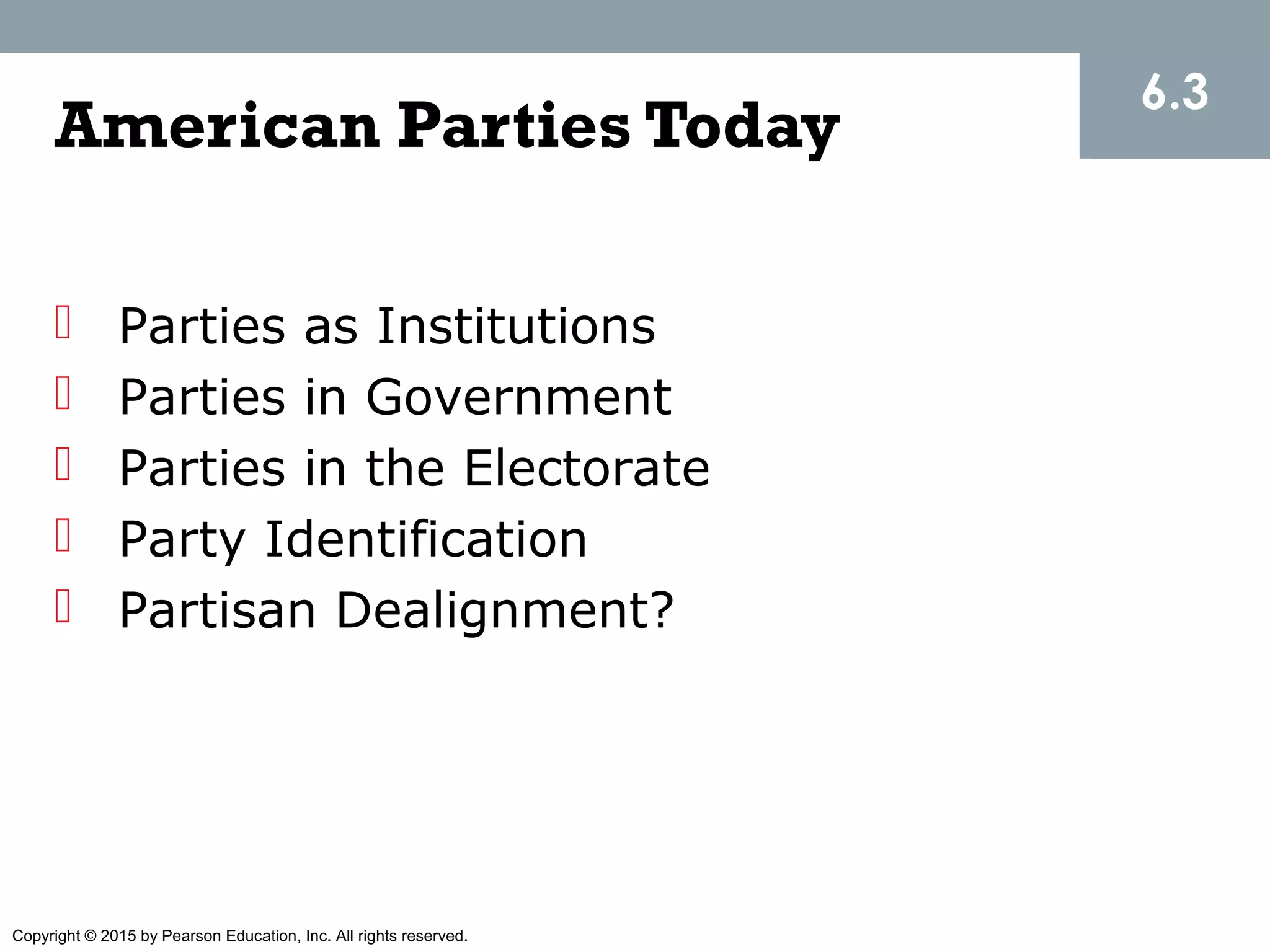 Copyright © 2015 by Pearson Education, Inc. All rights reserved.
American Parties Today
 Parties as Institutions
 Parties in Government
 Parties in the Electorate
 Party Identification
 Partisan Dealignment?
6.3
 