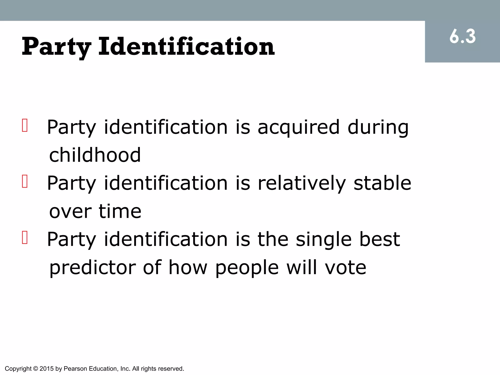 Copyright © 2015 by Pearson Education, Inc. All rights reserved.
Party Identification
 Party identification is acquired during
childhood
 Party identification is relatively stable
over time
 Party identification is the single best
predictor of how people will vote
6.3
 