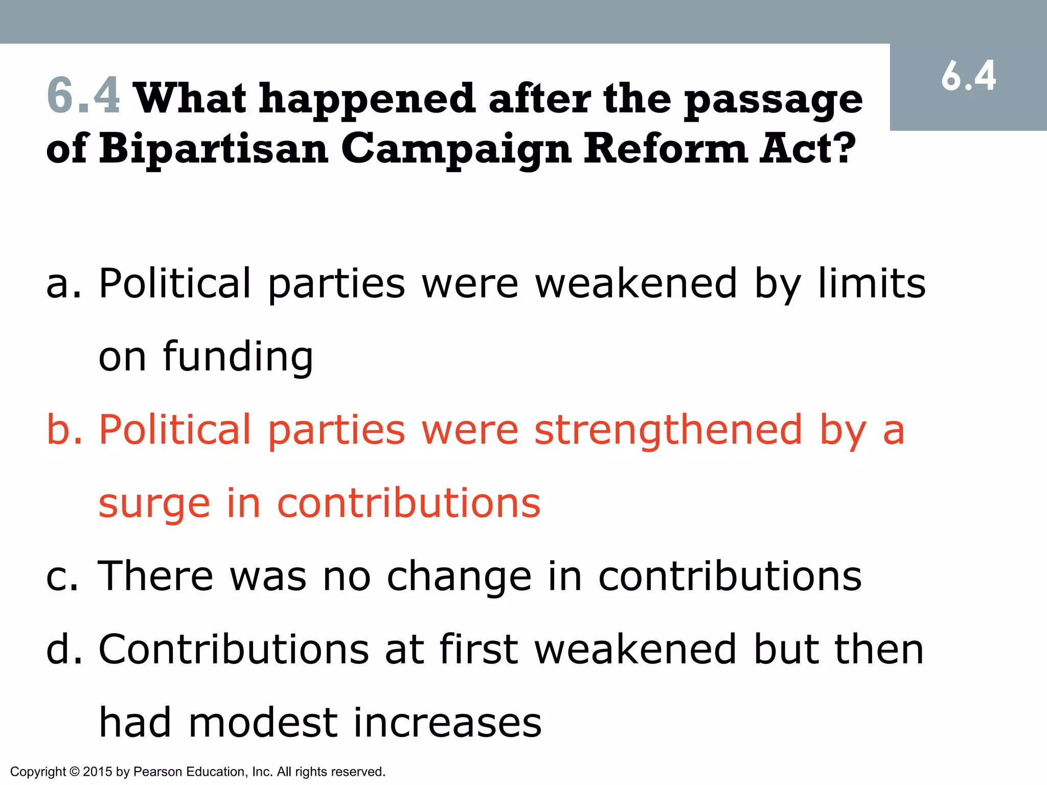 Copyright © 2015 by Pearson Education, Inc. All rights reserved.
6.4 What happened after the passage
of Bipartisan Campaign Reform Act?
6.4
a. Political parties were weakened by limits
on funding
b. Political parties were strengthened by a
surge in contributions
c. There was no change in contributions
d. Contributions at first weakened but then
had modest increases
 
