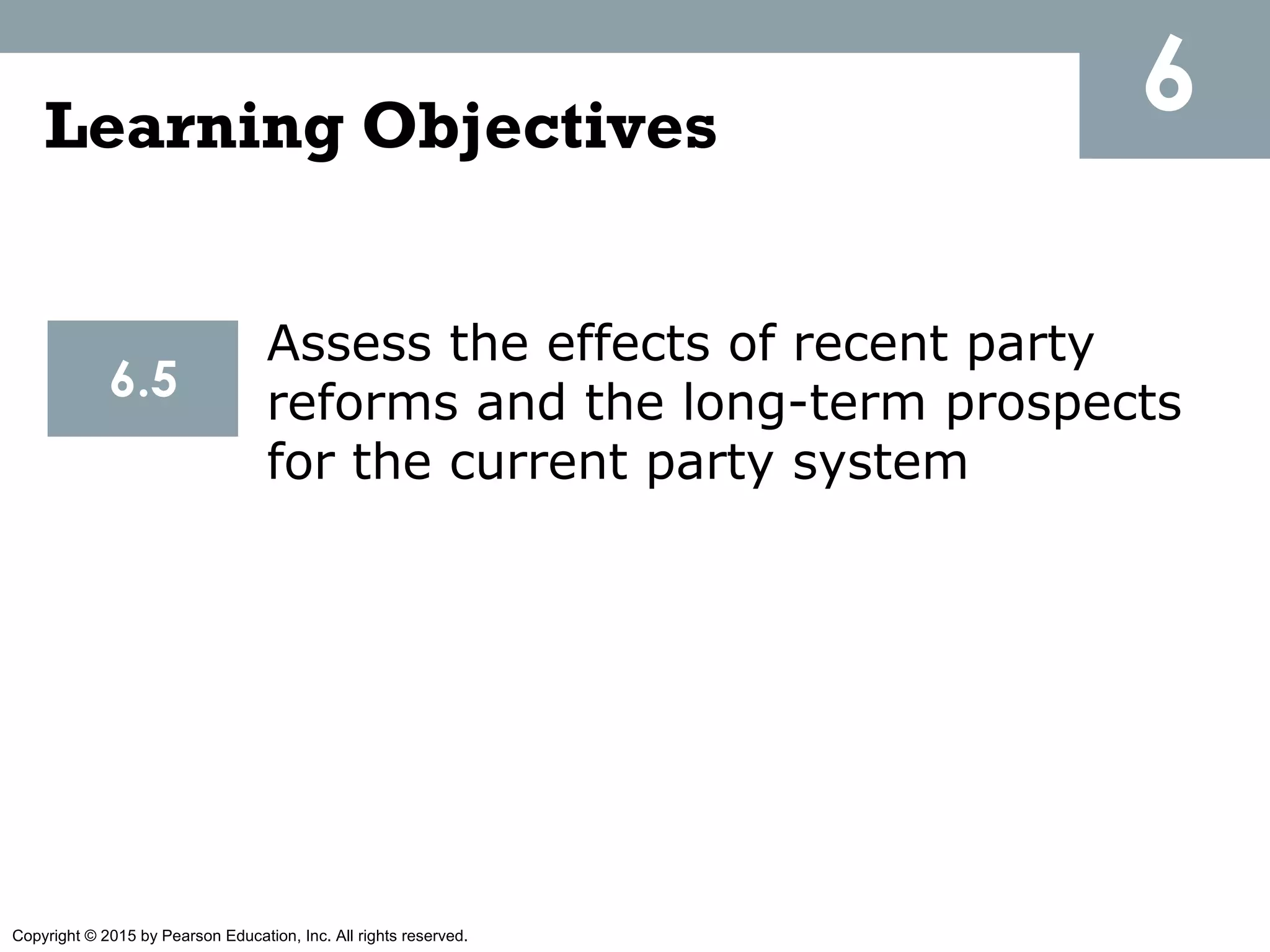 Copyright © 2015 by Pearson Education, Inc. All rights reserved.
Learning Objectives
2.2
6
6.5
Assess the effects of recent party
reforms and the long-term prospects
for the current party system
 