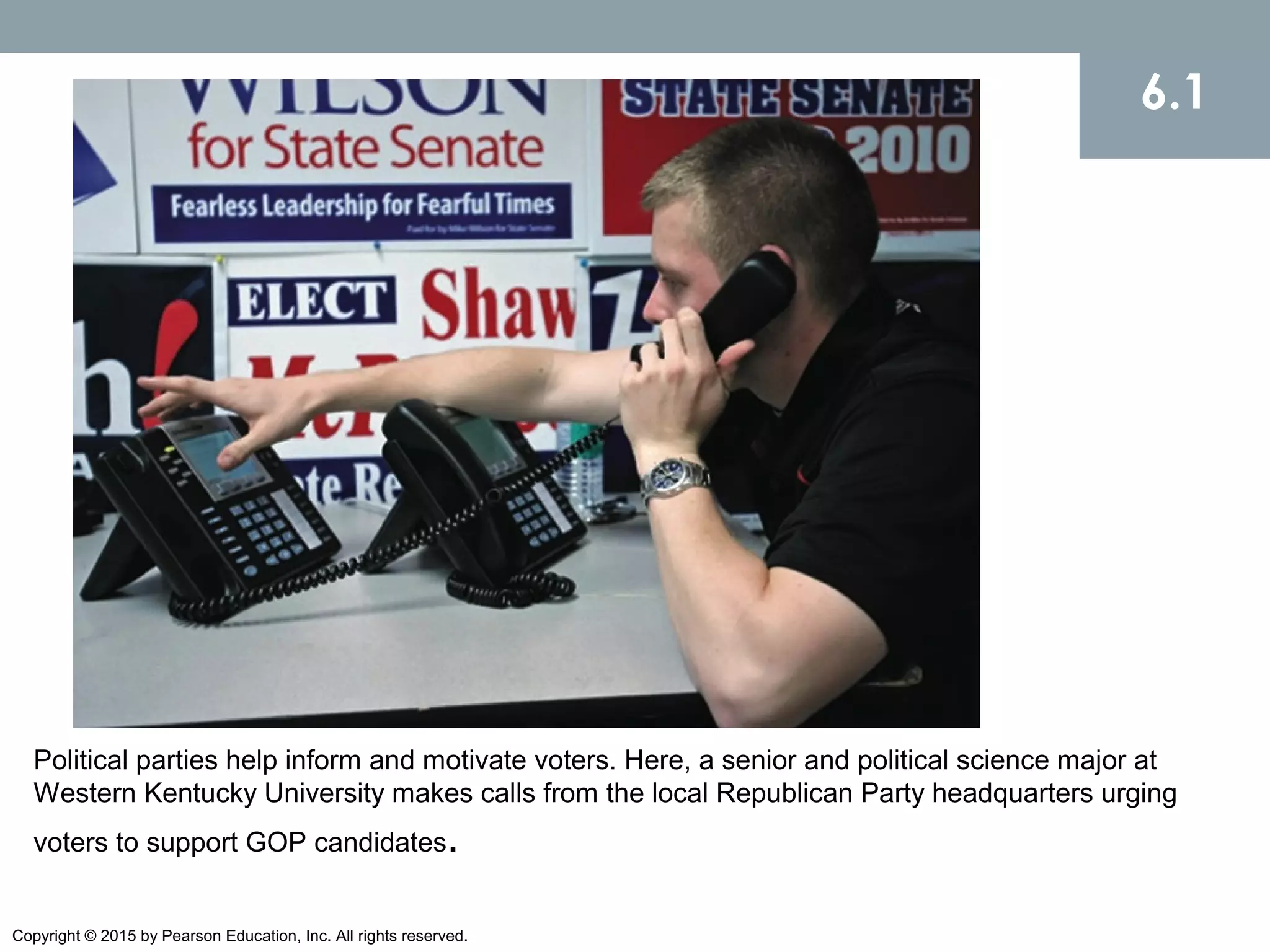Copyright © 2015 by Pearson Education, Inc. All rights reserved.
Political parties help inform and motivate voters. Here, a senior and political science major at
Western Kentucky University makes calls from the local Republican Party headquarters urging
voters to support GOP candidates.
6.1
 