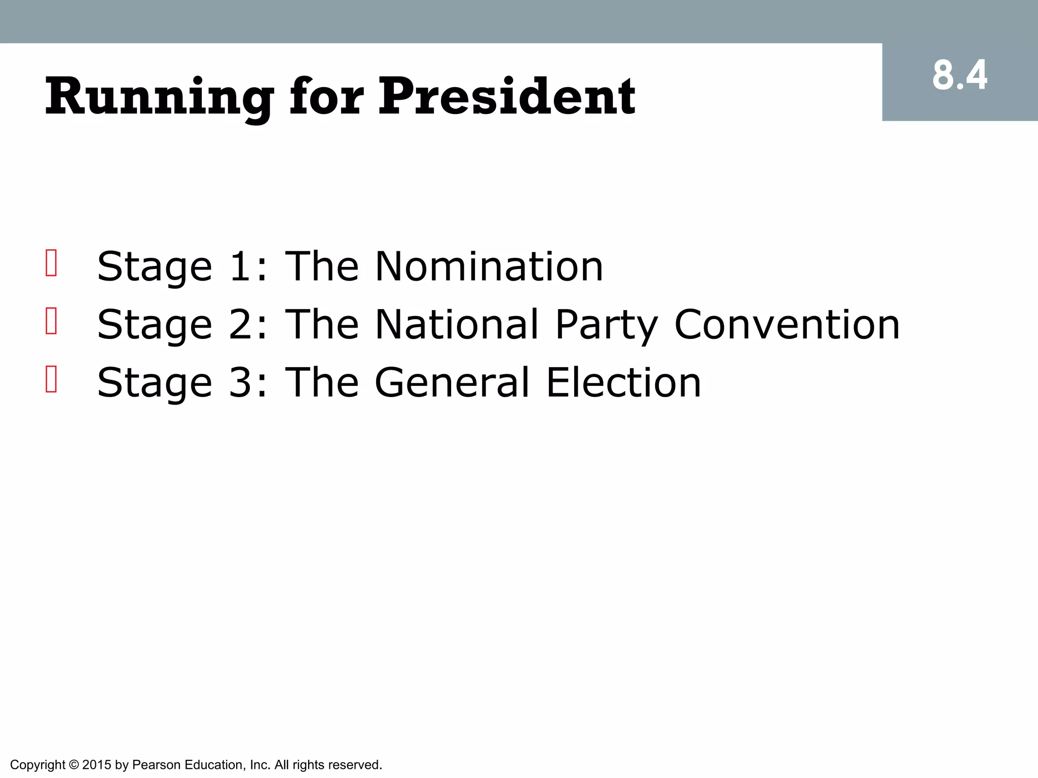 Copyright © 2015 by Pearson Education, Inc. All rights reserved.
Running for President
 Stage 1: The Nomination
 Stage 2: The National Party Convention
 Stage 3: The General Election
8.4
 