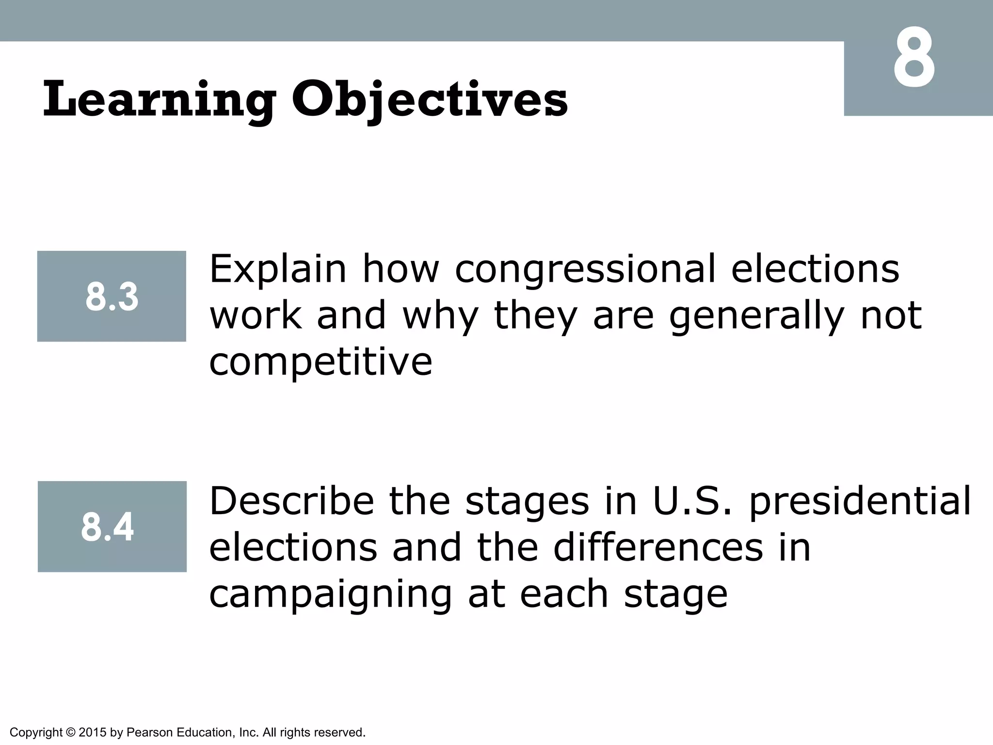 Copyright © 2015 by Pearson Education, Inc. All rights reserved.
8Learning Objectives
8.3
8.4
Explain how congressional elections
work and why they are generally not
competitive
Describe the stages in U.S. presidential
elections and the differences in
campaigning at each stage
 