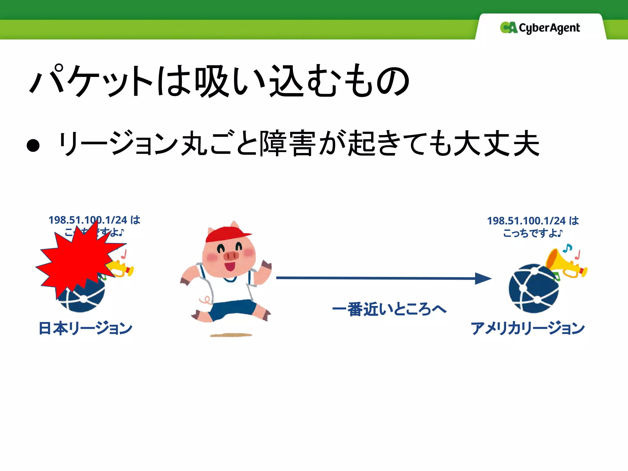 パケットは吸い込むもの
● リージョン丸ごと障害が起きても大丈夫
198.51.100.1/24 は
こっちですよ♪
198.51.100.1/24 は
こっちですよ♪
一番近いところへ
日本リージョン アメリカリージョン
 