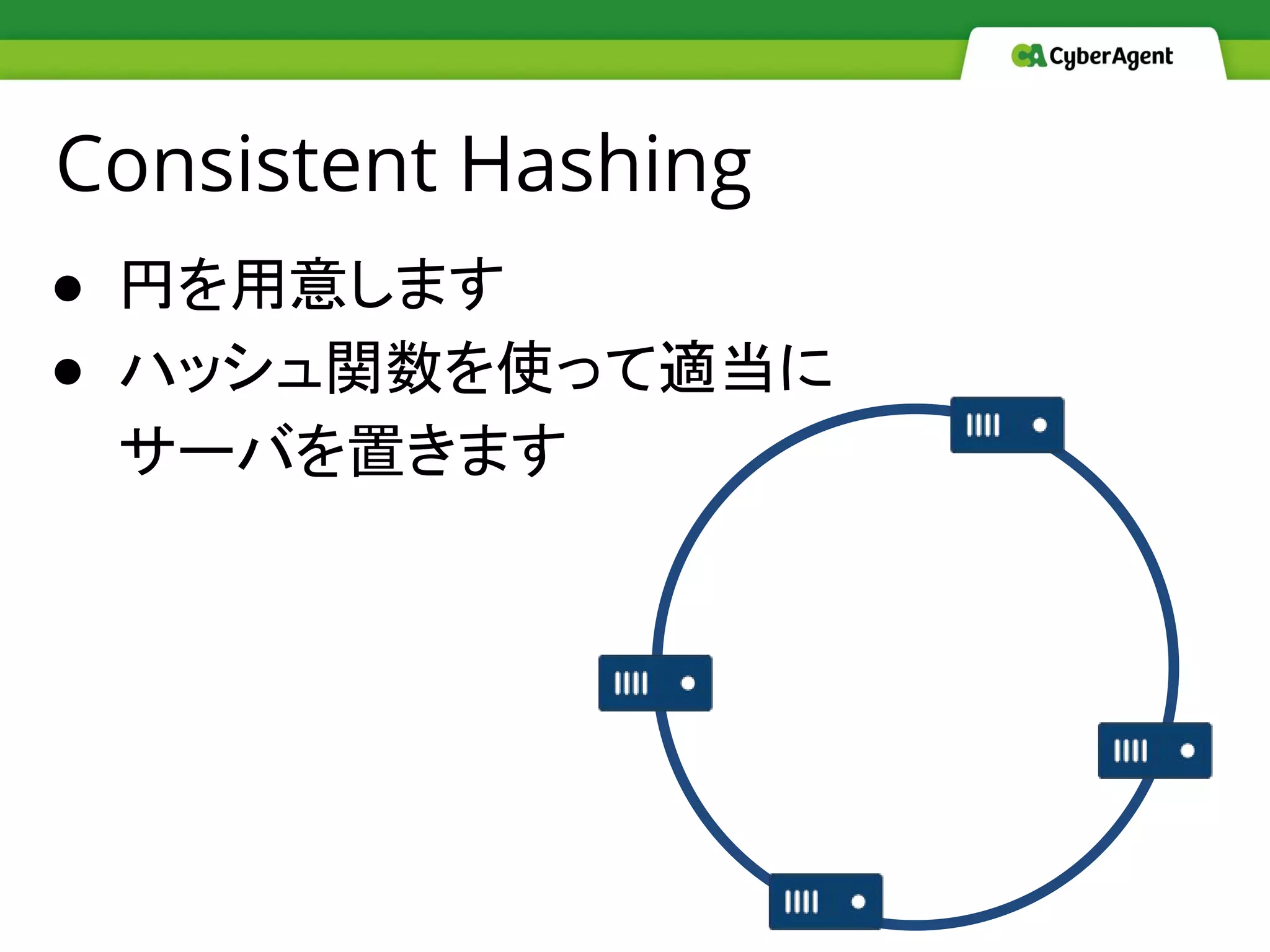 Consistent Hashing
● 円を用意します
● ハッシュ関数を使って適当に
サーバを置きます
 