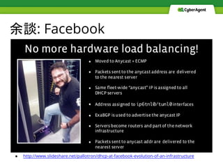 余談: Facebook
● http://www.slideshare.net/pallotron/dhcp-at-facebook-evolution-of-an-infrastructure
 