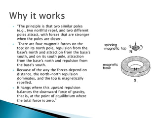 Two opposing iron-boron permanent magnets. Invented by Roy Harriganand patented in 1983. The top remain levitating in a central point in space above the base where the forces acting on the top- gravitational, magnetic, and gyroscopic- are in equilibriumStops due to air resistanceSuper Levitron
