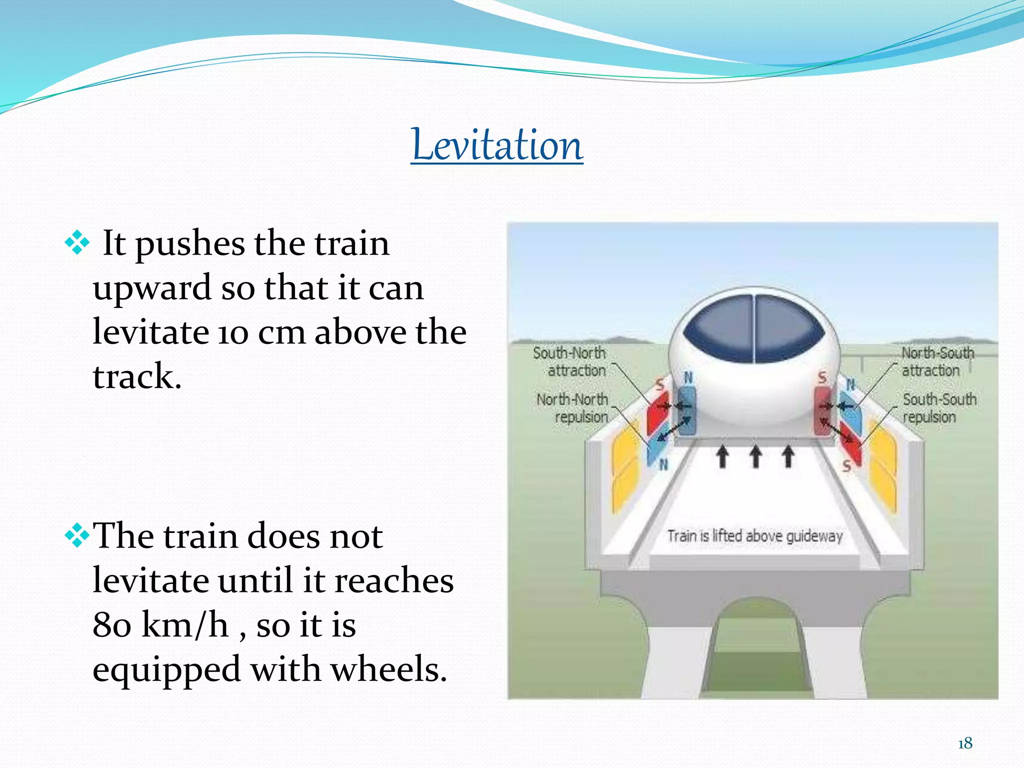 Levitation
 It pushes the train
upward so that it can
levitate 10 cm above the
track.
The train does not
levitate until it reaches
80 km/h , so it is
equipped with wheels.
18
 