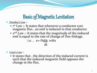 Basic of Magnetic Levitation
 Faraday’s Law :-
 1st Law :- It states that whenever a conductor cuts
magnetic flux , an emf is induced in that conductor.
 2nd Law :- It states that the magnitude of the induced
emf is equal to the rate of change of flux-linkage.
i.e. , e=-Nⅆφ volts
dt
 Lenz’s Law :-
 It states that , the direction of the induced current is
such that the induced magnetic field opposes the
change in the flux.
7
 