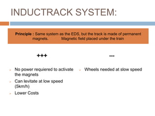 INDUCTRACK SYSTEM:
+++
 No power requiered to activate
the magnets
 Can levitate at low speed
(5km/h)
 Lower Costs
---
 Wheels needed at slow speed
Principle : Same system as the EDS, but the track is made of permanent
magnets. Magnetic field placed under the train
 