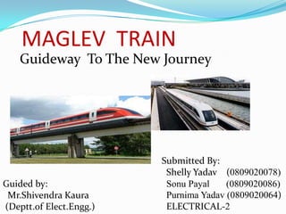 MAGLEV TRAIN
    Guideway To The New Journey




                         Submitted By:
                          Shelly Yadav (0809020078)
Guided by:                Sonu Payal    (0809020086)
 Mr.Shivendra Kaura       Purnima Yadav (0809020064)
(Deptt.of Elect.Engg.)    ELECTRICAL-2
 