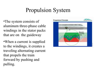 Propulsion System
•The system consists of
aluminum three-phase cable
windings in the stator packs
that are on the guideway
•When a current is supplied
to the windings, it creates a
traveling alternating current
that propels the train
forward by pushing and
pulling.
 