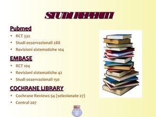 STUDIREPERITISTUDIREPERITI
PubmedPubmed
• RCT 332
• Studi osservazionali 288
• Revisioni sistematiche 104
EMBASEEMBASE
• RCT 104
• Revisioni sistematiche 42
• Studi osservazionali 150
COCHRANE LIBRARYCOCHRANE LIBRARY
• Cochrane Reviews 54 (selezionate 27)
• Central 207
 